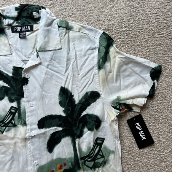 Pop Man Men's Short Sleeve Button Up Shirt Palm Tree Beach Print Green Cream M - Picture 5 of 9